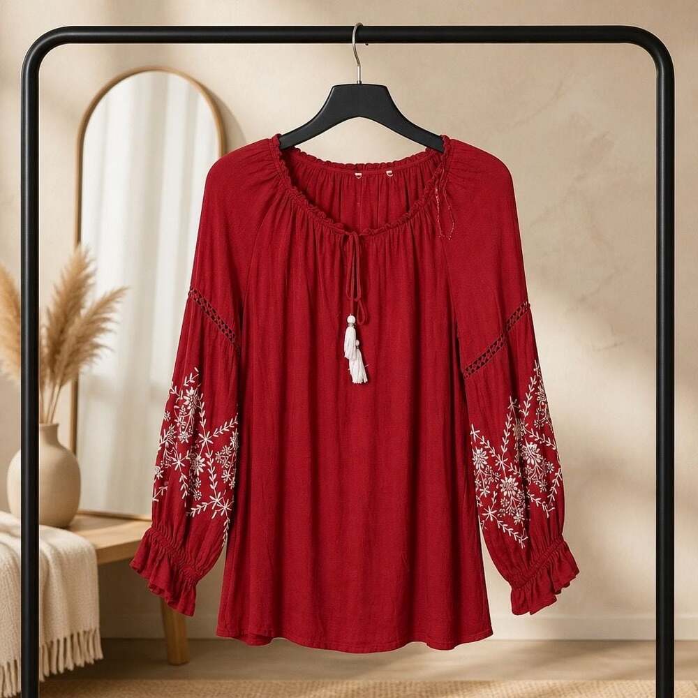 Sweet Magnolia Red Boho Embroidered Long Sleeve Tassel Blouse #1419